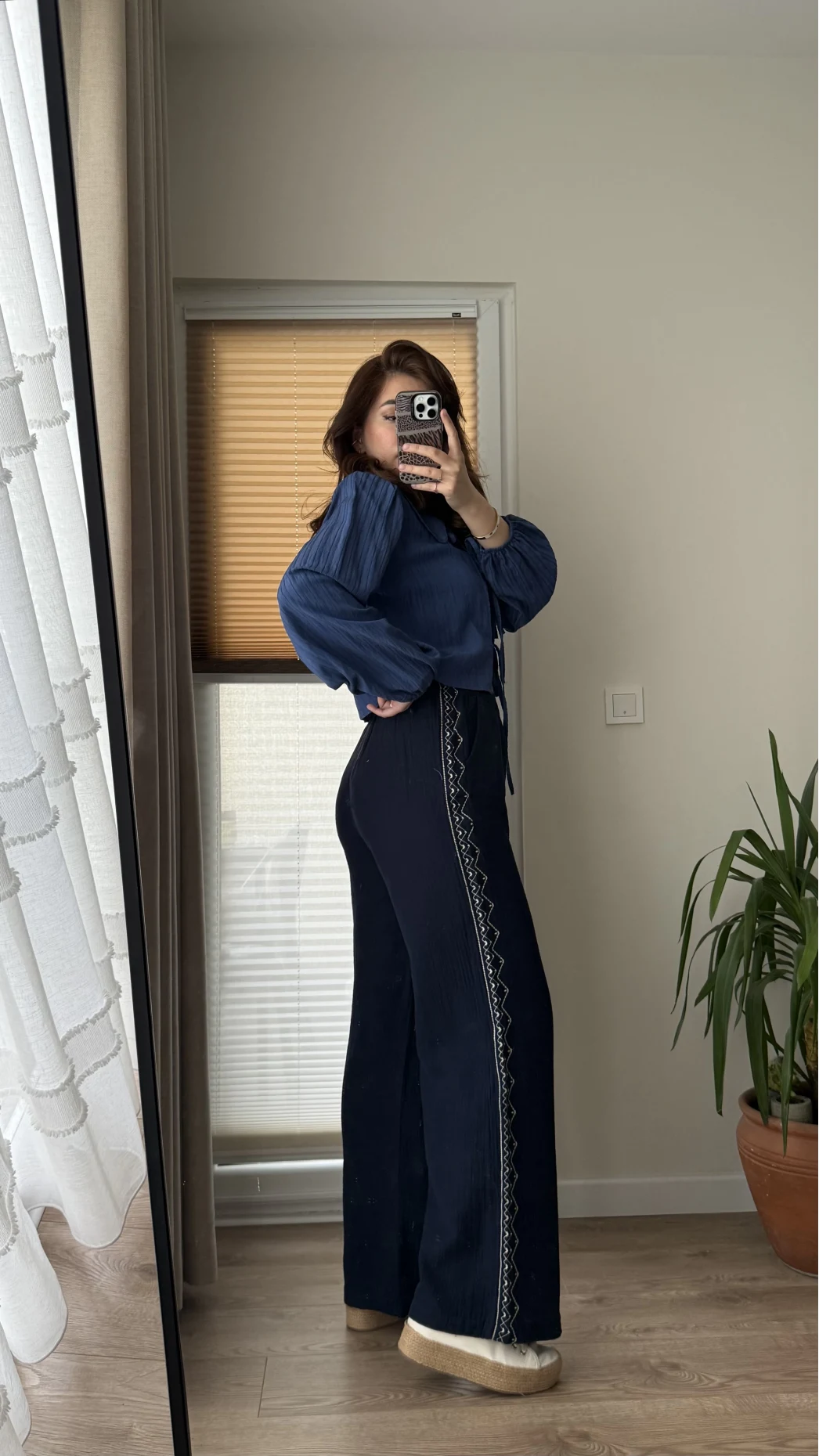 Nakışlı Müslin Lacivert Pantolon 4011