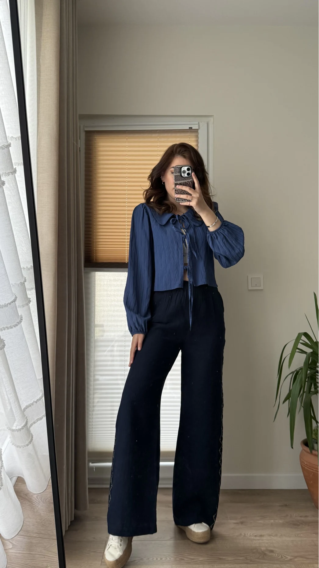 Nakışlı Müslin Lacivert Pantolon 4011