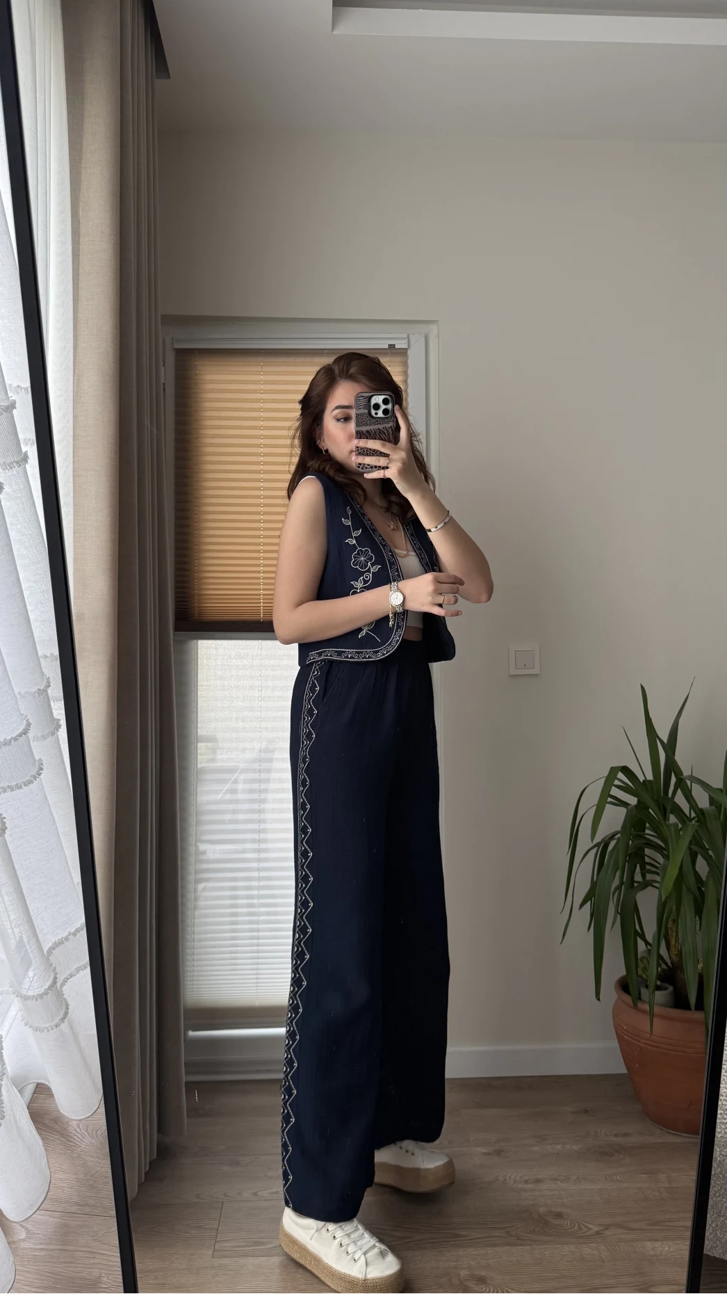 Nakışlı Müslin Lacivert Pantolon 4011