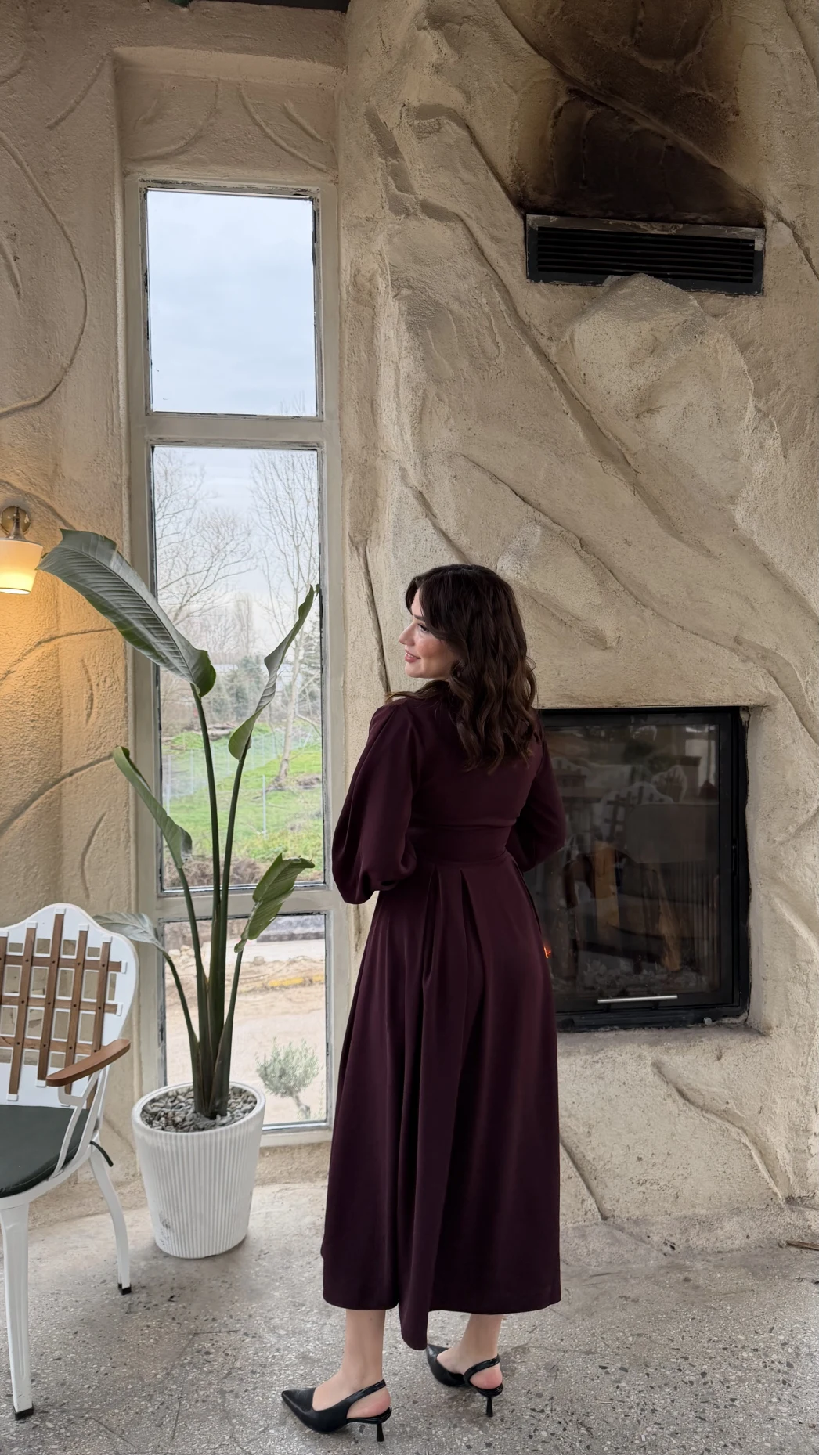 Naples Balon Kol Bel Detay Düğmeli Elbise - Mürdüm - Kod: 2337