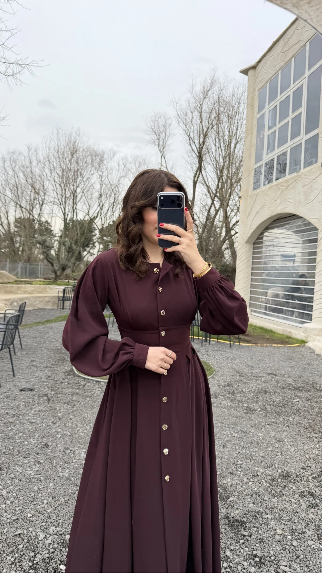 Naples Balon Kol Bel Detay Düğmeli Elbise - Mürdüm - Kod: 2337