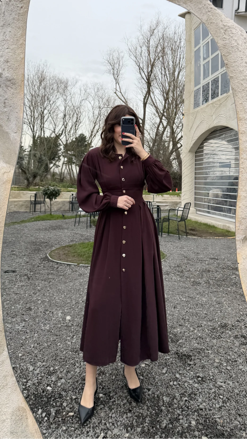 Naples Balon Kol Bel Detay Düğmeli Elbise - Mürdüm - Kod: 2337