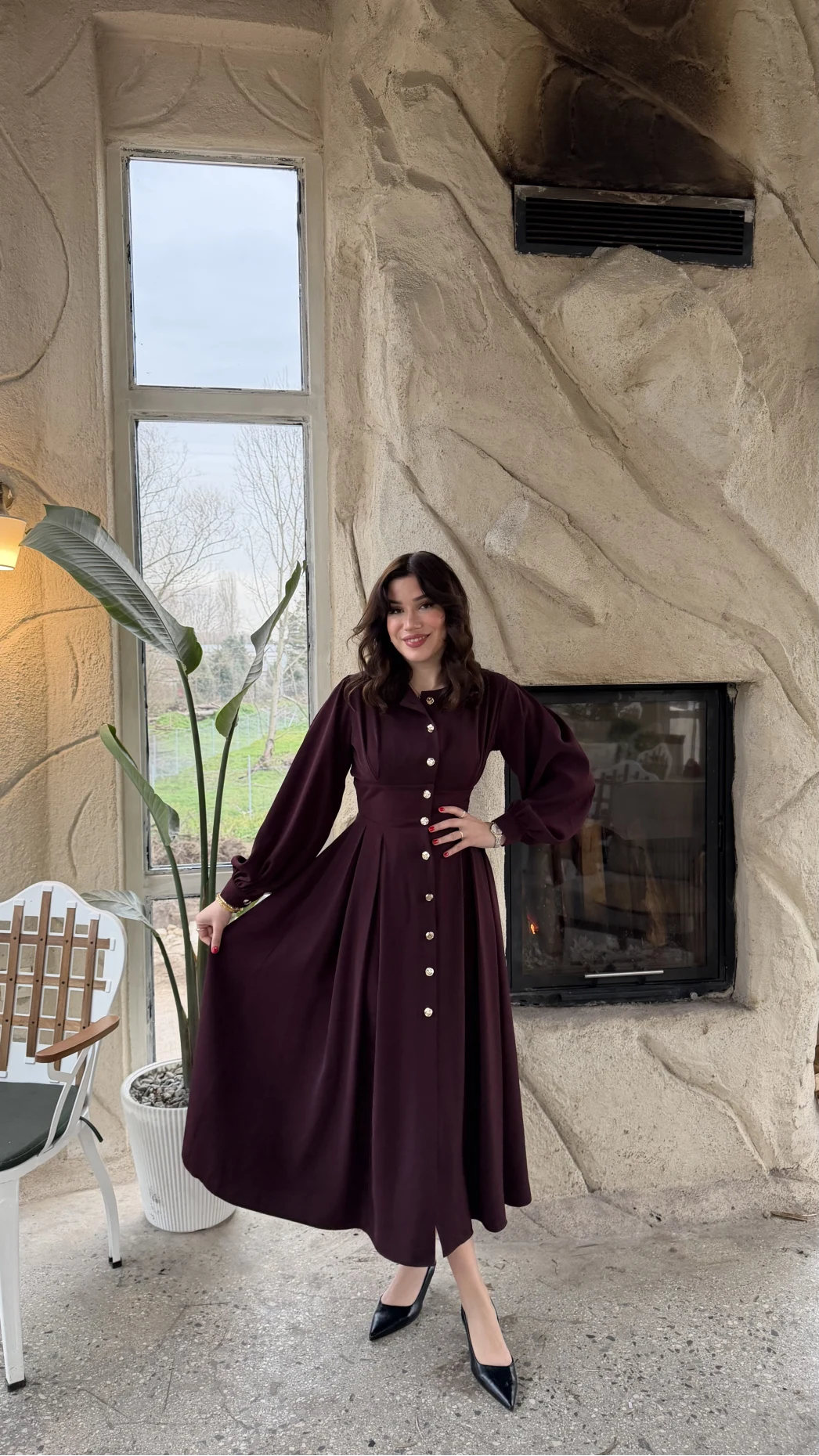 Naples Balon Kol Bel Detay Düğmeli Elbise - Mürdüm - Kod: 2337