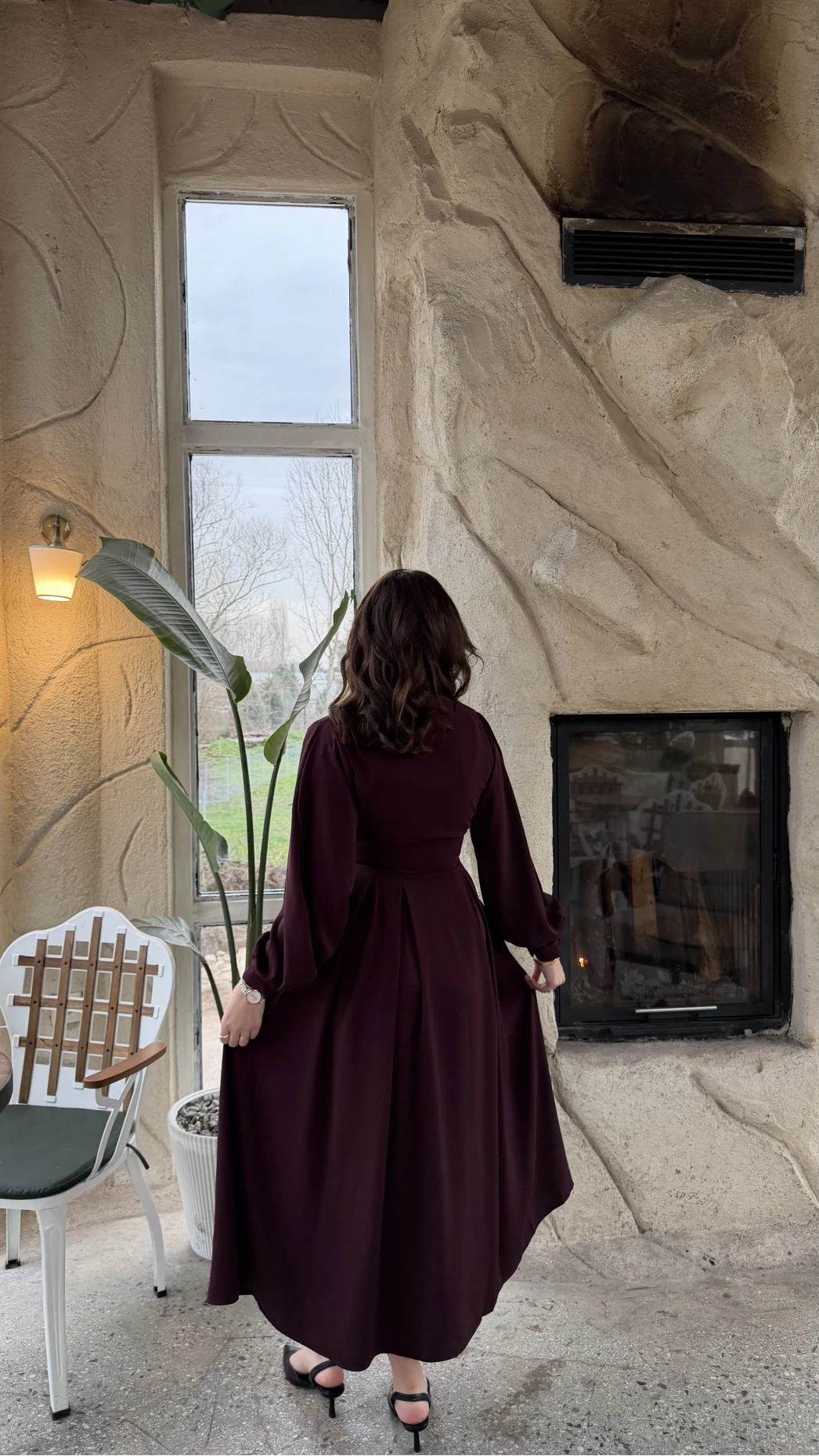 Naples Balon Kol Bel Detay Düğmeli Elbise - Mürdüm - Kod: 2337