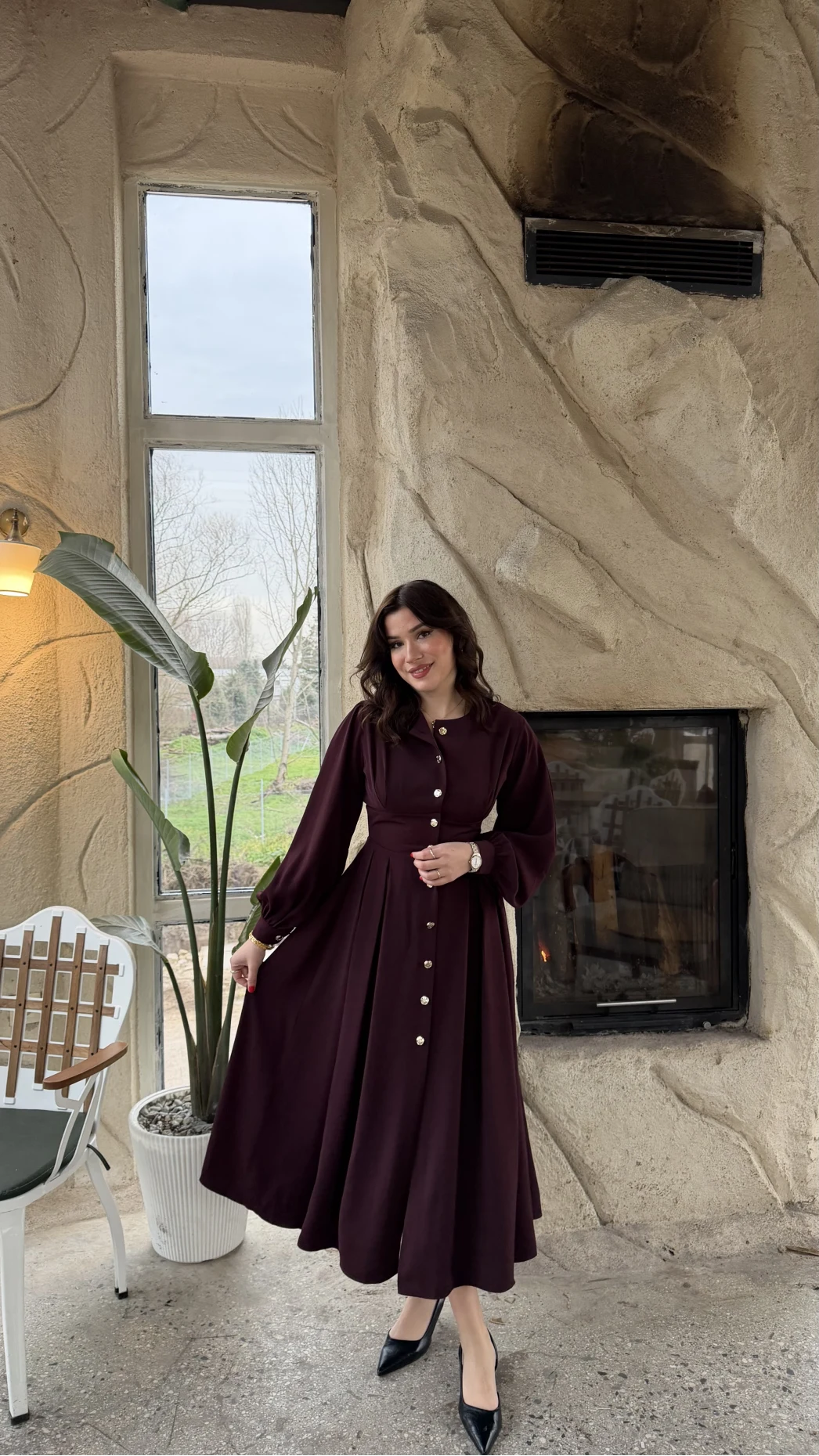 Naples Balon Kol Bel Detay Düğmeli Elbise - Mürdüm - Kod: 2337