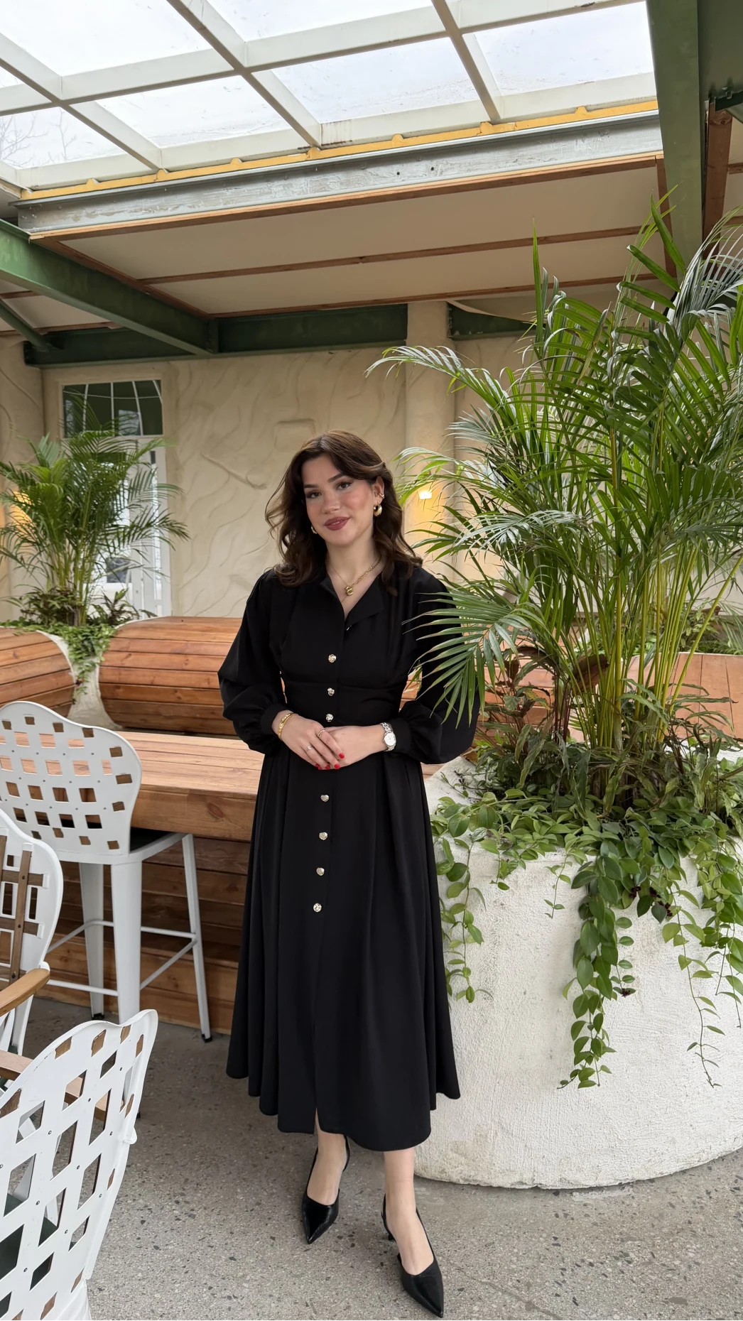 Naples Balon Kol Bel Detay Düğmeli Elbise - Siyah - Kod: 2337