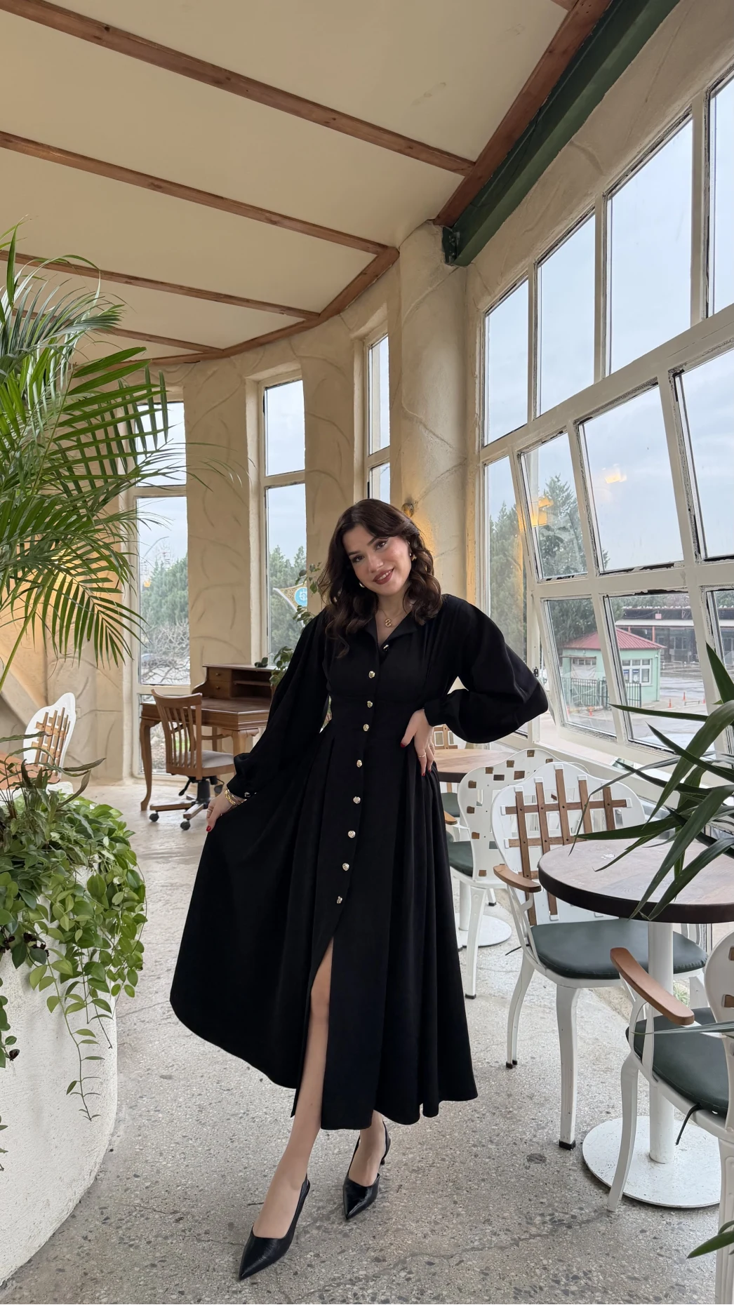 Naples Balon Kol Bel Detay Düğmeli Elbise - Siyah - Kod: 2337