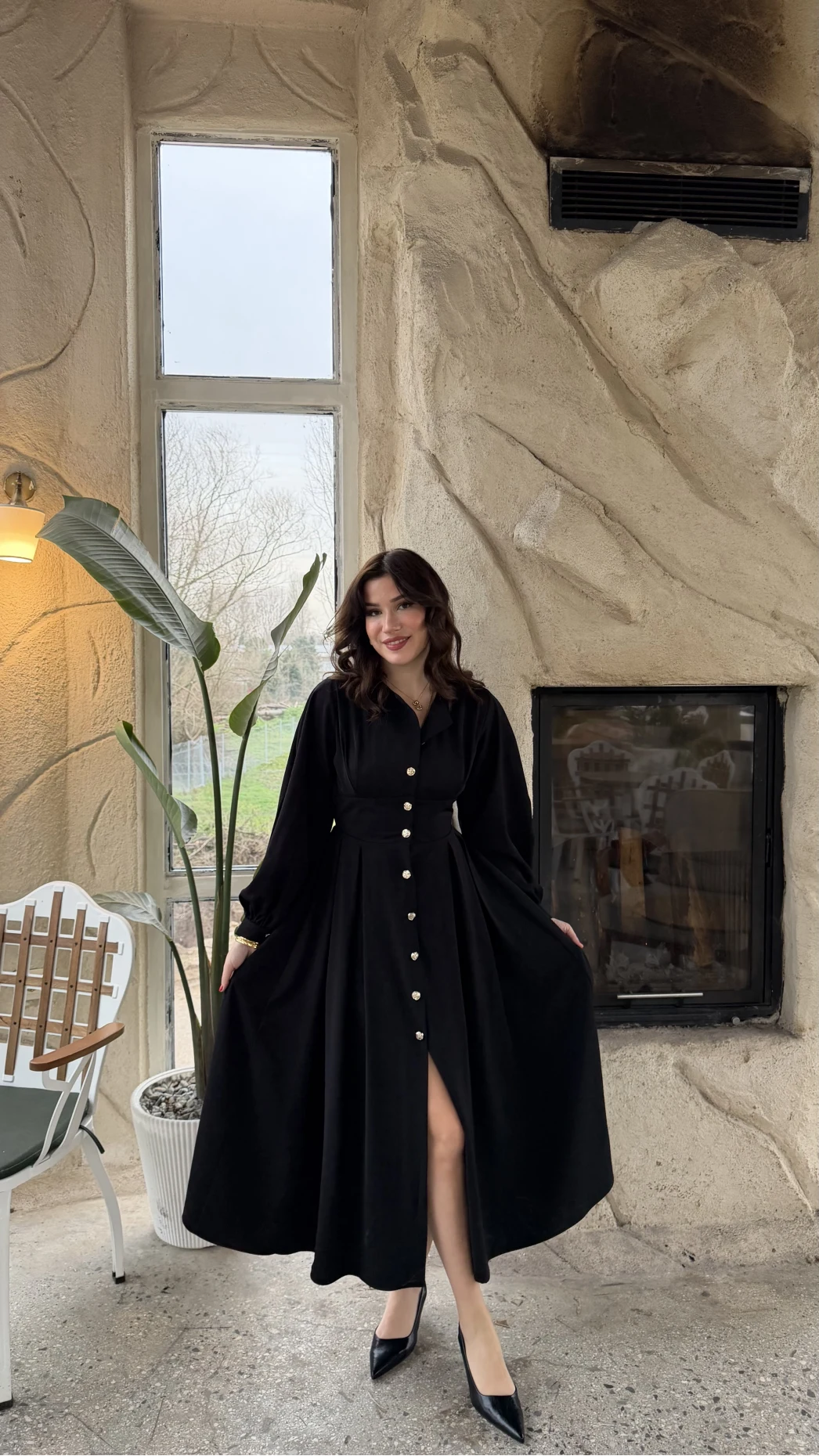 Naples Balon Kol Bel Detay Düğmeli Elbise - Siyah - Kod: 2337