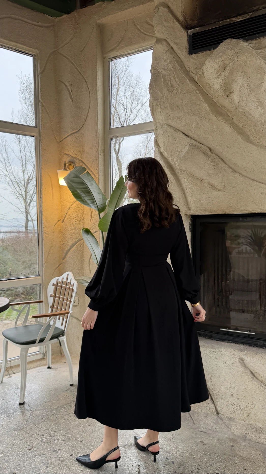 Naples Balon Kol Bel Detay Düğmeli Elbise - Siyah - Kod: 2337