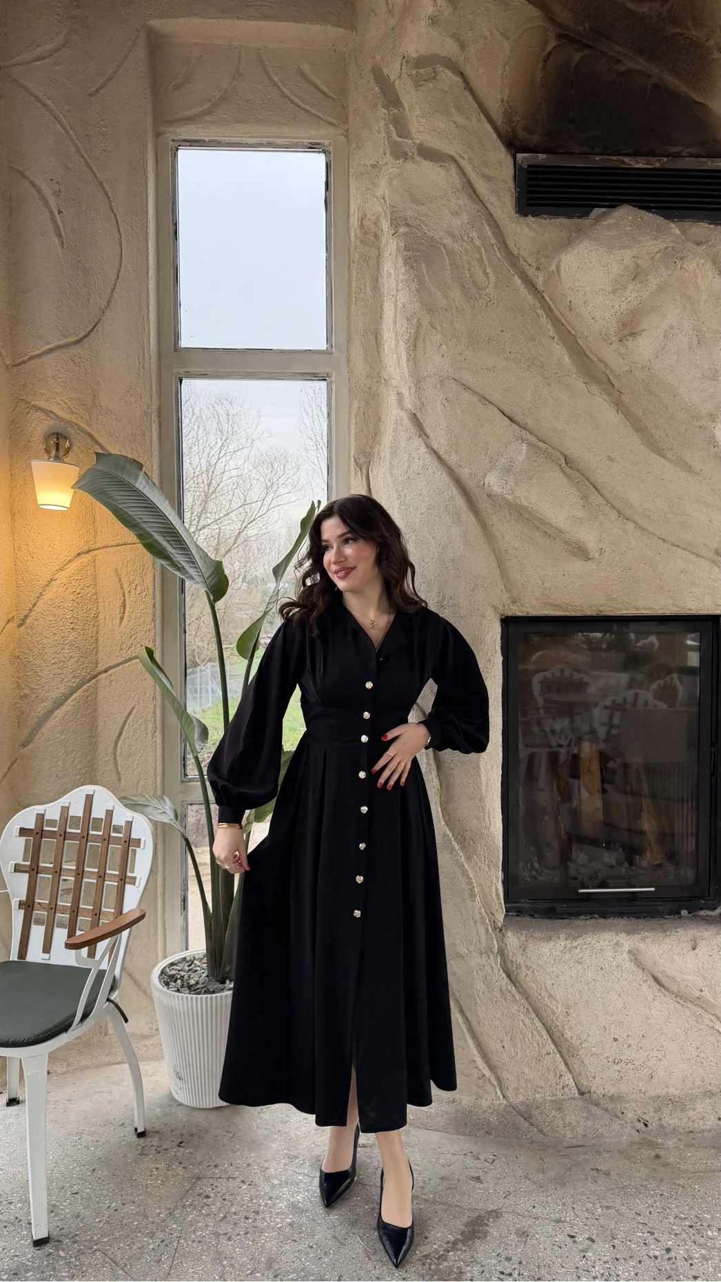 Naples Balon Kol Bel Detay Düğmeli Elbise - Siyah - Kod: 2337