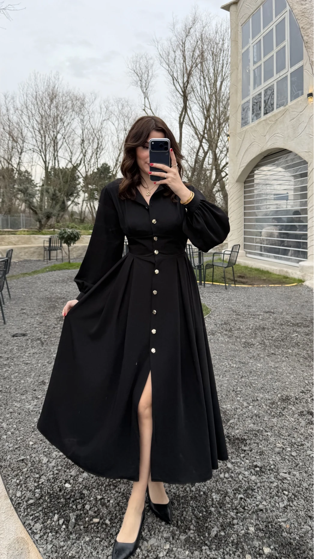 Naples Balon Kol Bel Detay Düğmeli Elbise - Siyah - Kod: 2337