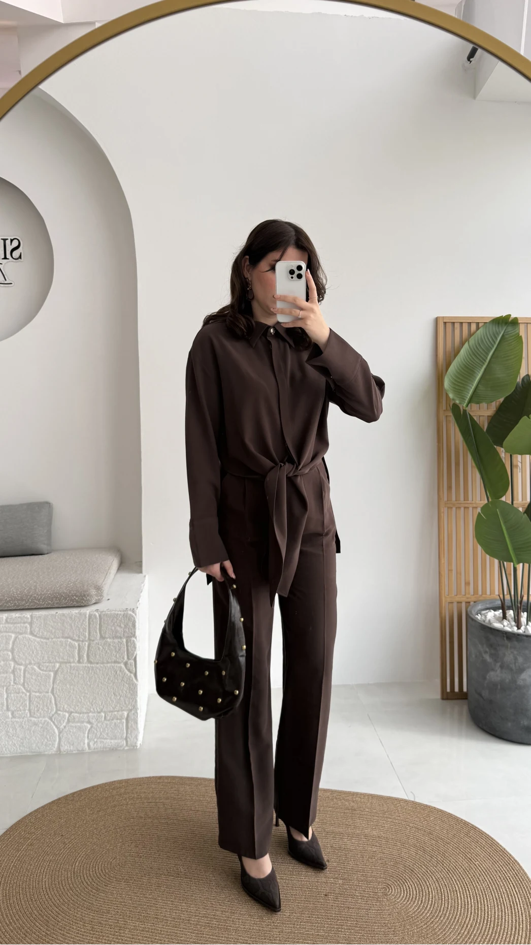 Nera Bağlamalı Bluz Takım - Kahverengi - Kod: 8869