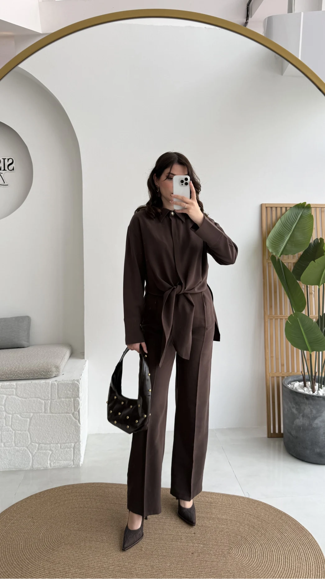 Nera Bağlamalı Bluz Takım - Kahverengi - Kod: 8869