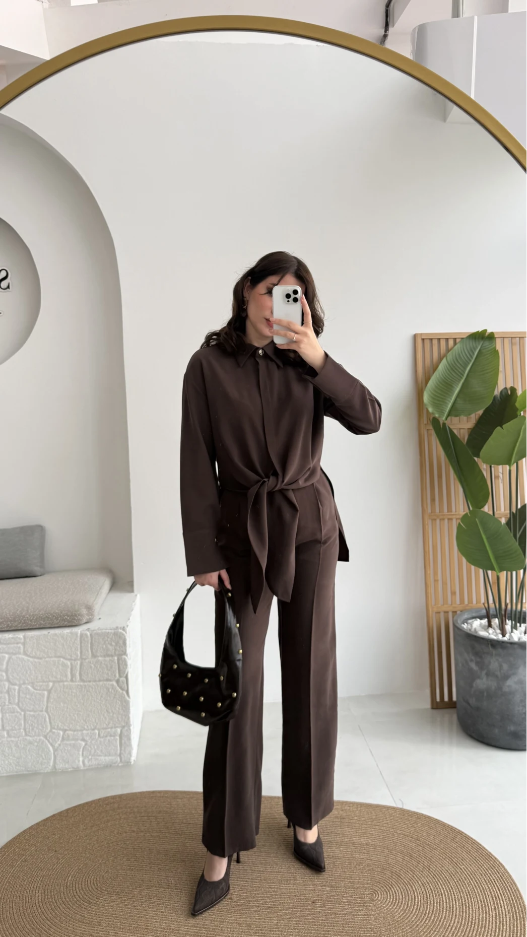 Nera Bağlamalı Bluz Takım - Kahverengi - Kod: 8869