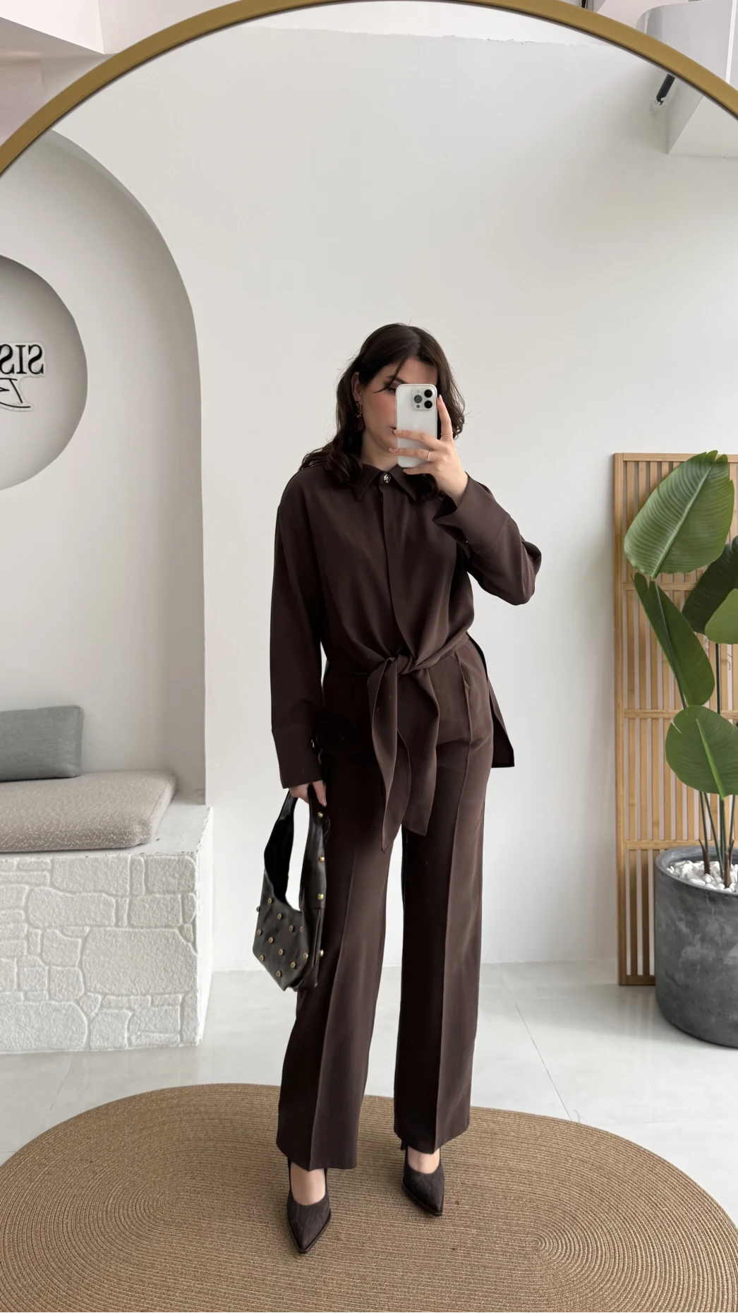 Nera Bağlamalı Bluz Takım - Kahverengi - Kod: 8869