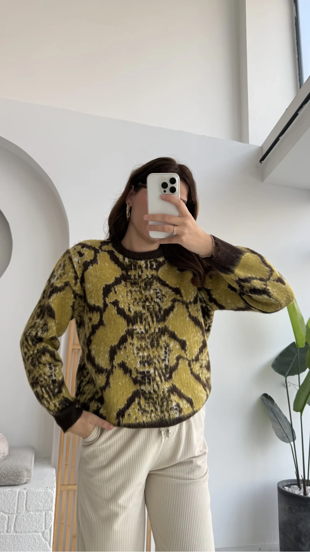 Nevina Desenli Kazak - Sarı - 9074