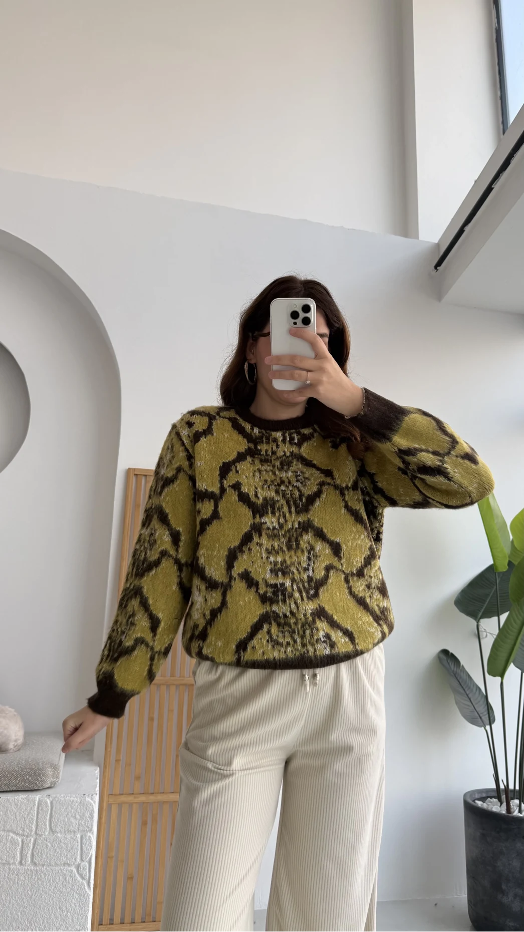 Nevina Desenli Kazak - Sarı - 9074