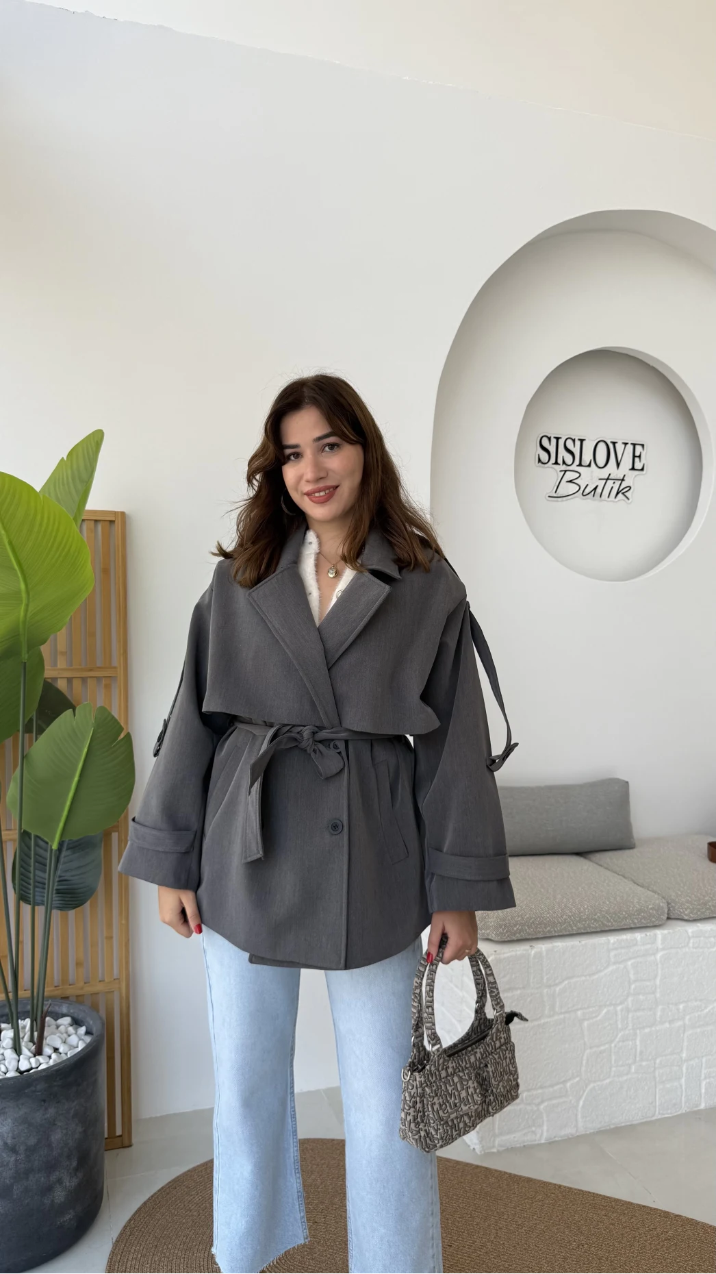 Nia Kuşaklı Kısa Trençkot - Antrasit - Kod: 9580