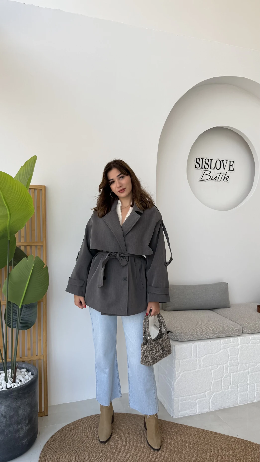 Nia Kuşaklı Kısa Trençkot - Antrasit - Kod: 9580