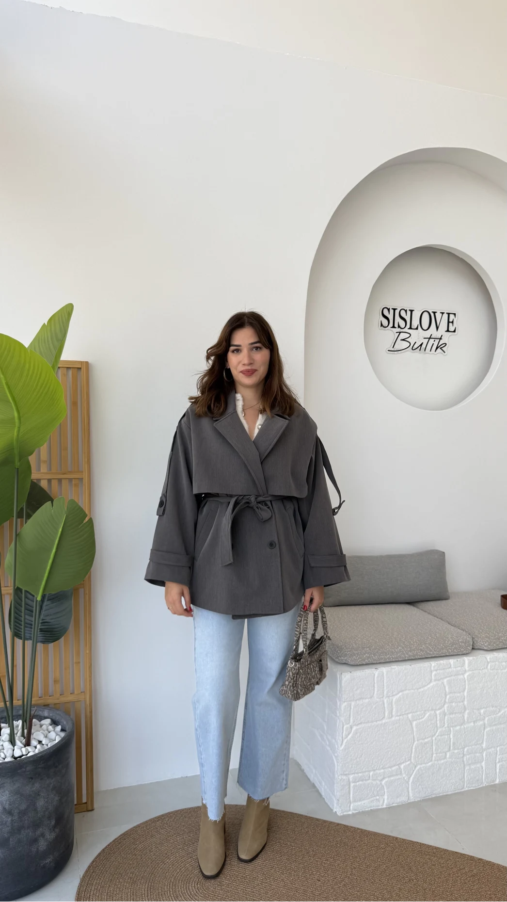 Nia Kuşaklı Kısa Trençkot - Antrasit - Kod: 9580