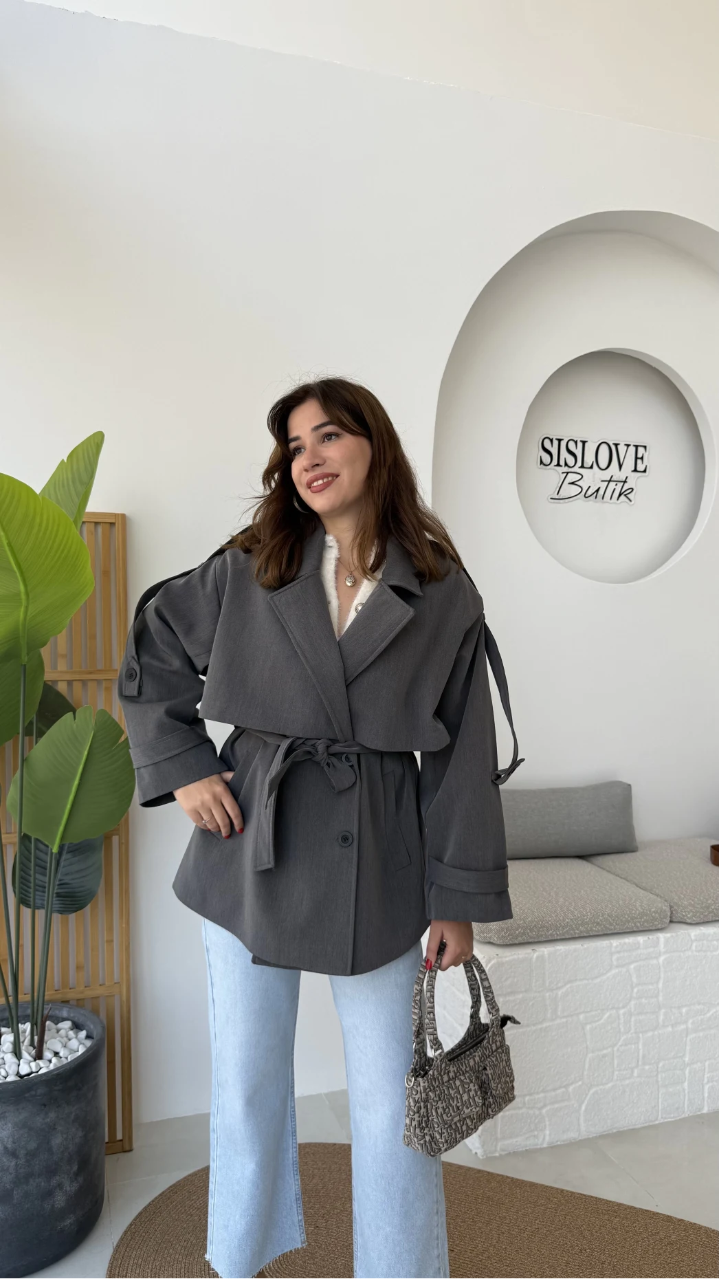 Nia Kuşaklı Kısa Trençkot - Antrasit - Kod: 9580