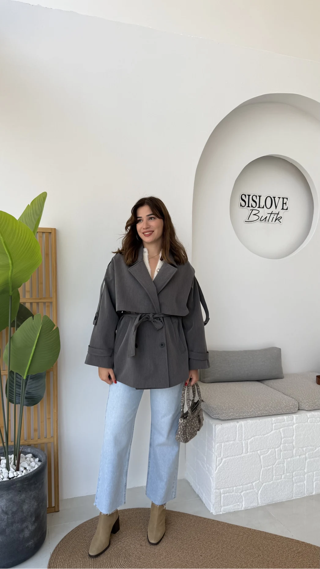 Nia Kuşaklı Kısa Trençkot - Antrasit - Kod: 9580