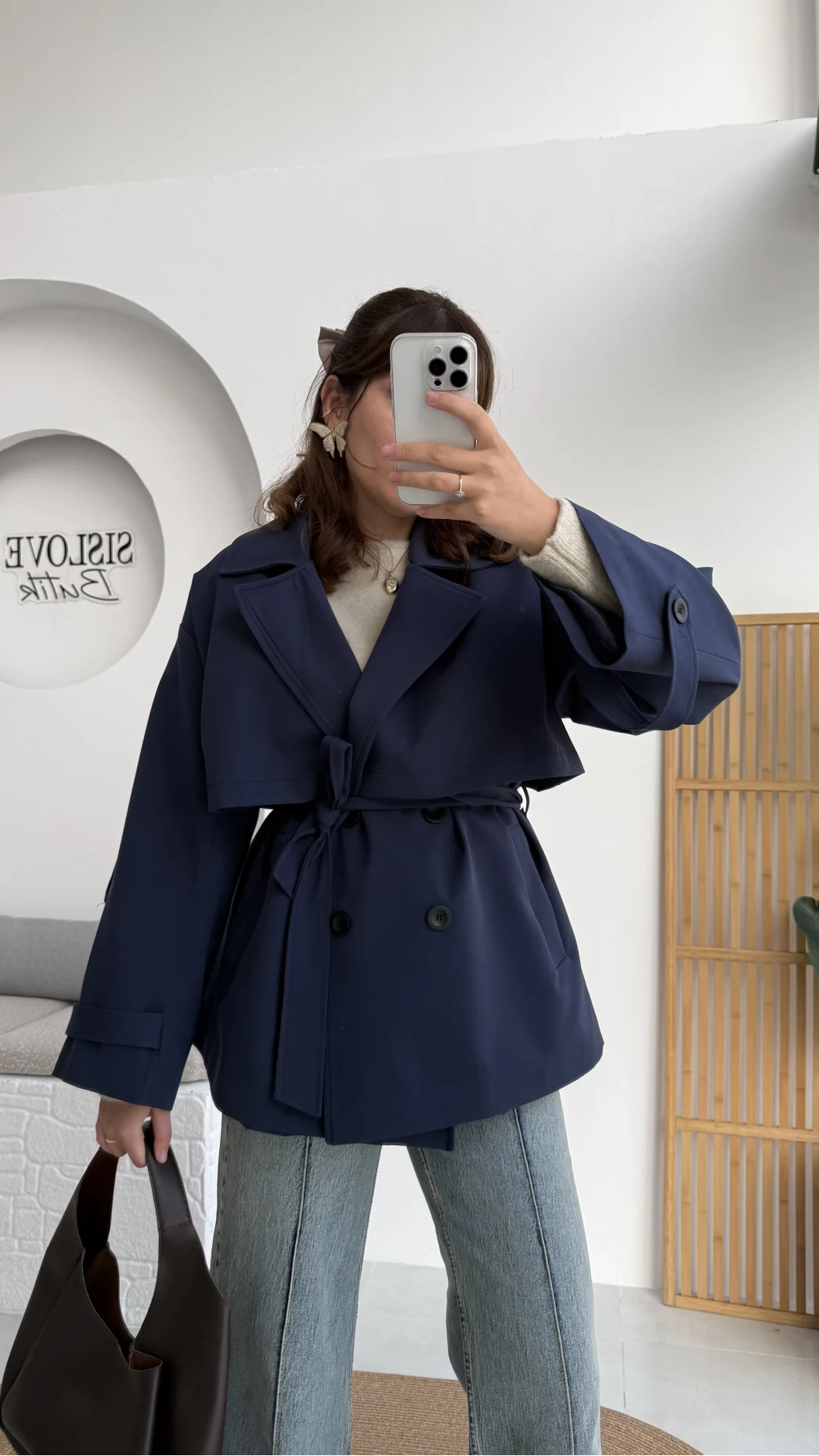 Nia Kuşaklı Kısa Trençkot - Lacivert - Kod: 9580