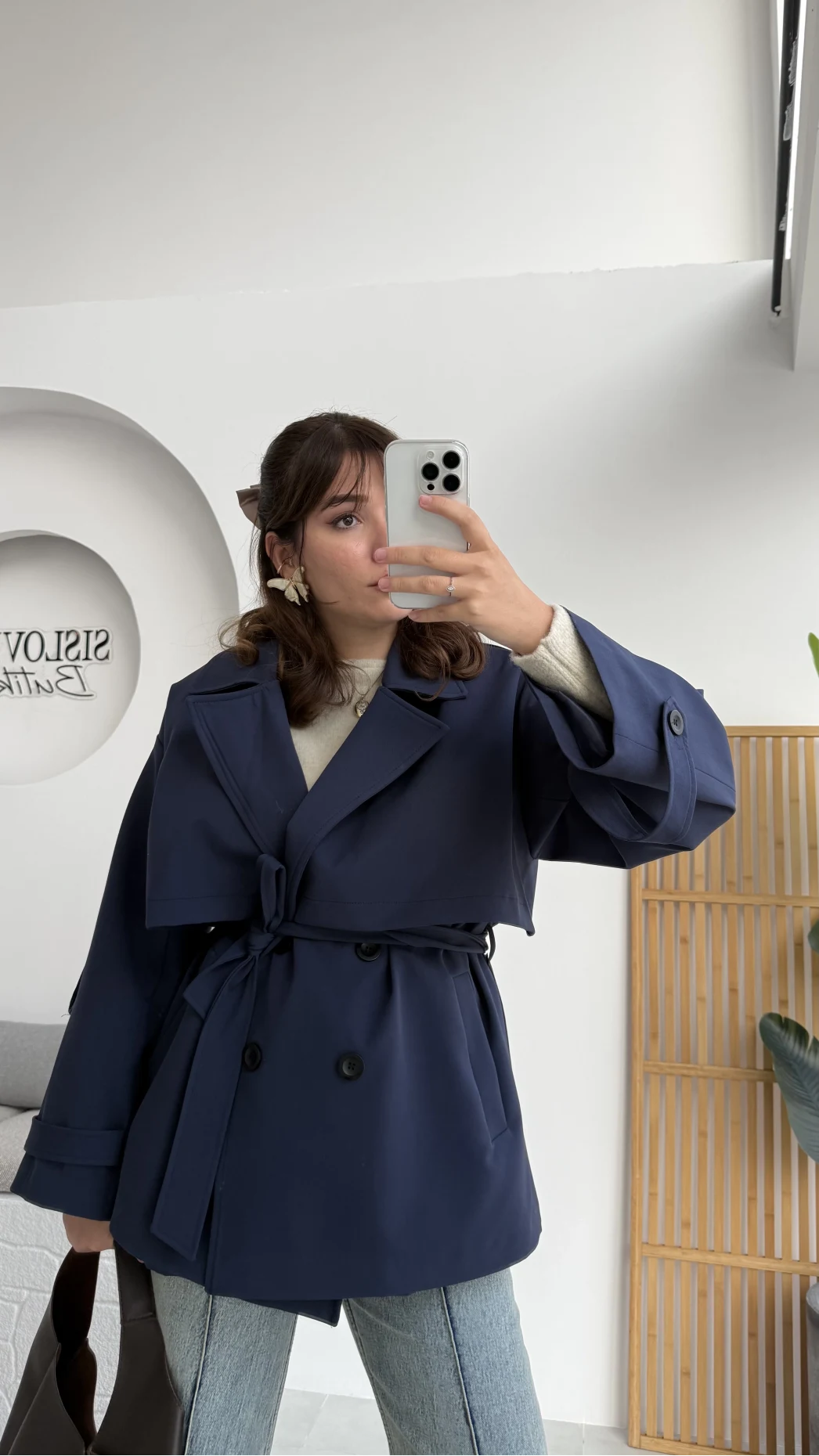 Nia Kuşaklı Kısa Trençkot - Lacivert - Kod: 9580