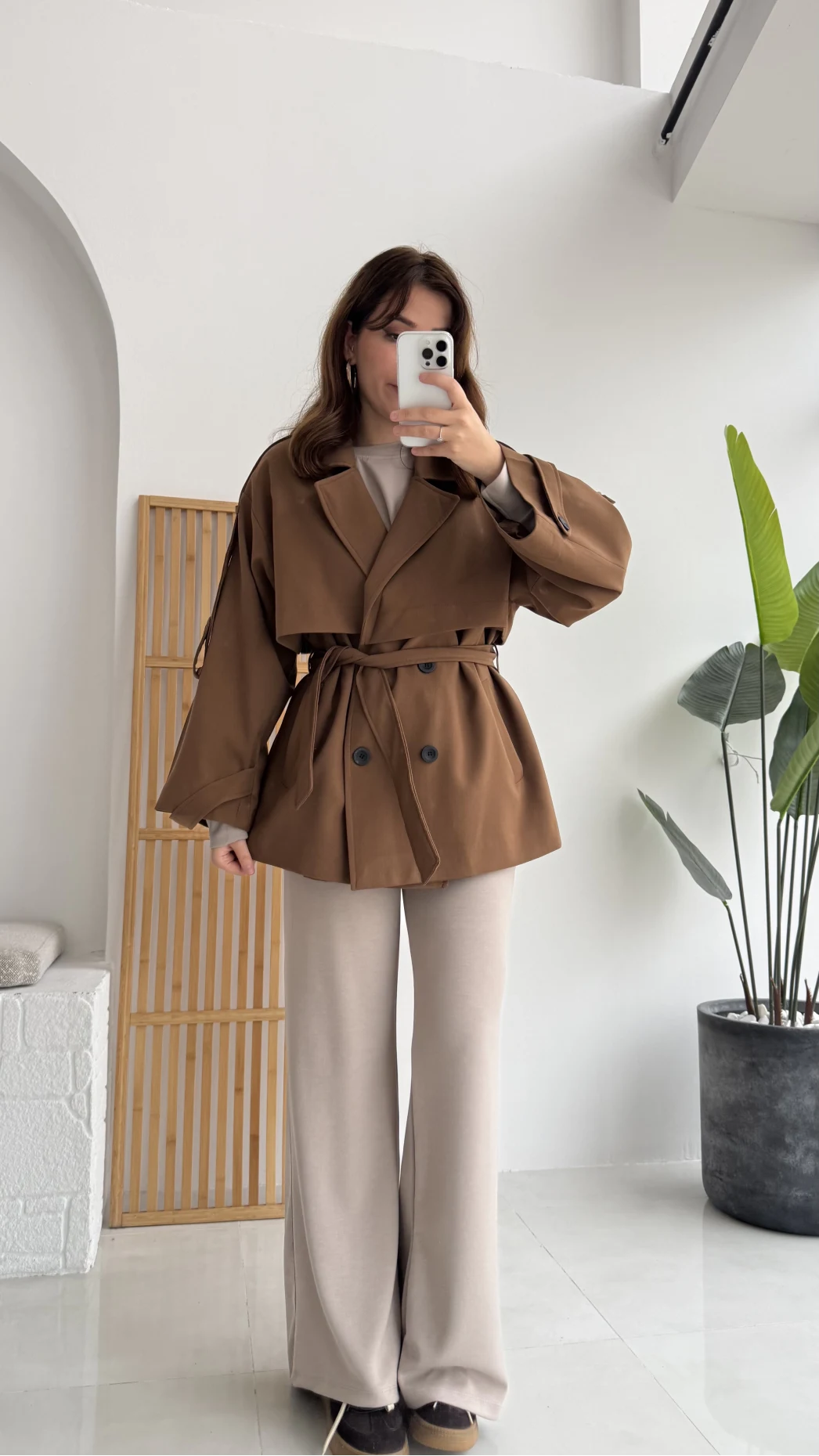 Nia Kuşaklı Kısa Trençkot - Tarçın - Kod: 9580