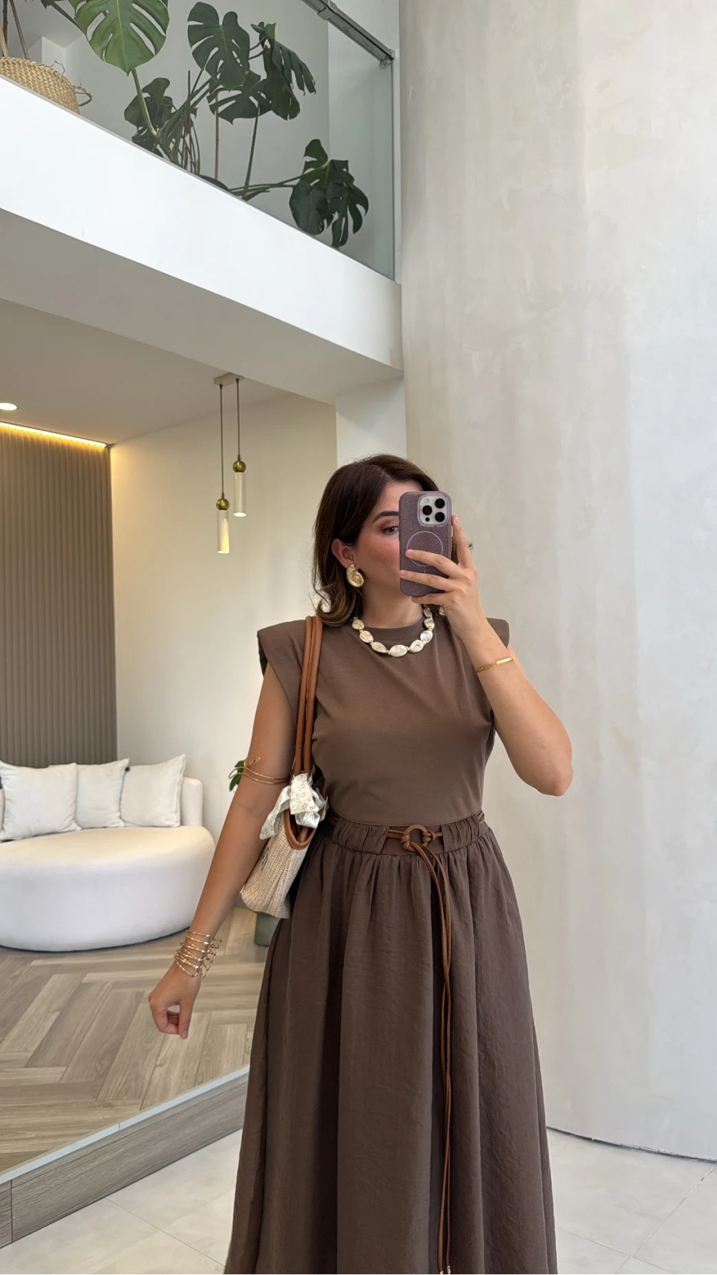 Nila Kemerli Garnili Elbise - Kahve - Kod: 0103