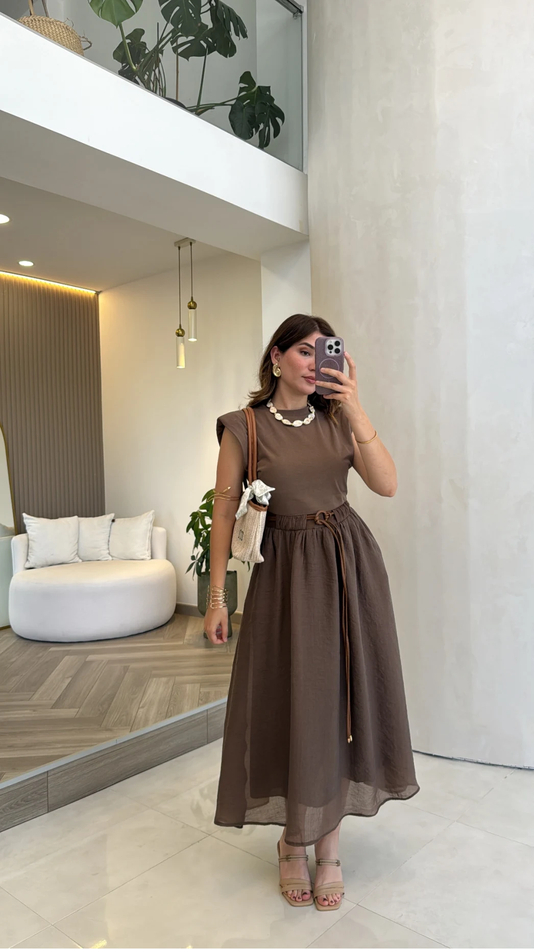 Nila Kemerli Garnili Elbise - Kahve - Kod: 0103