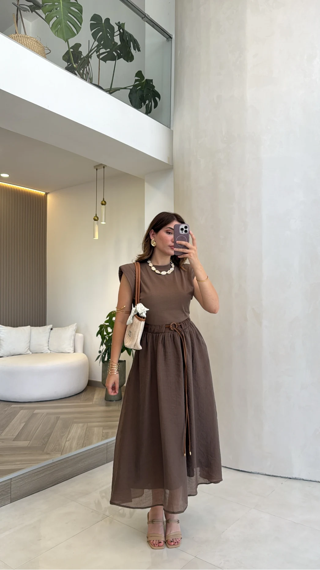 Nila Kemerli Garnili Elbise - Kahve - Kod: 0103