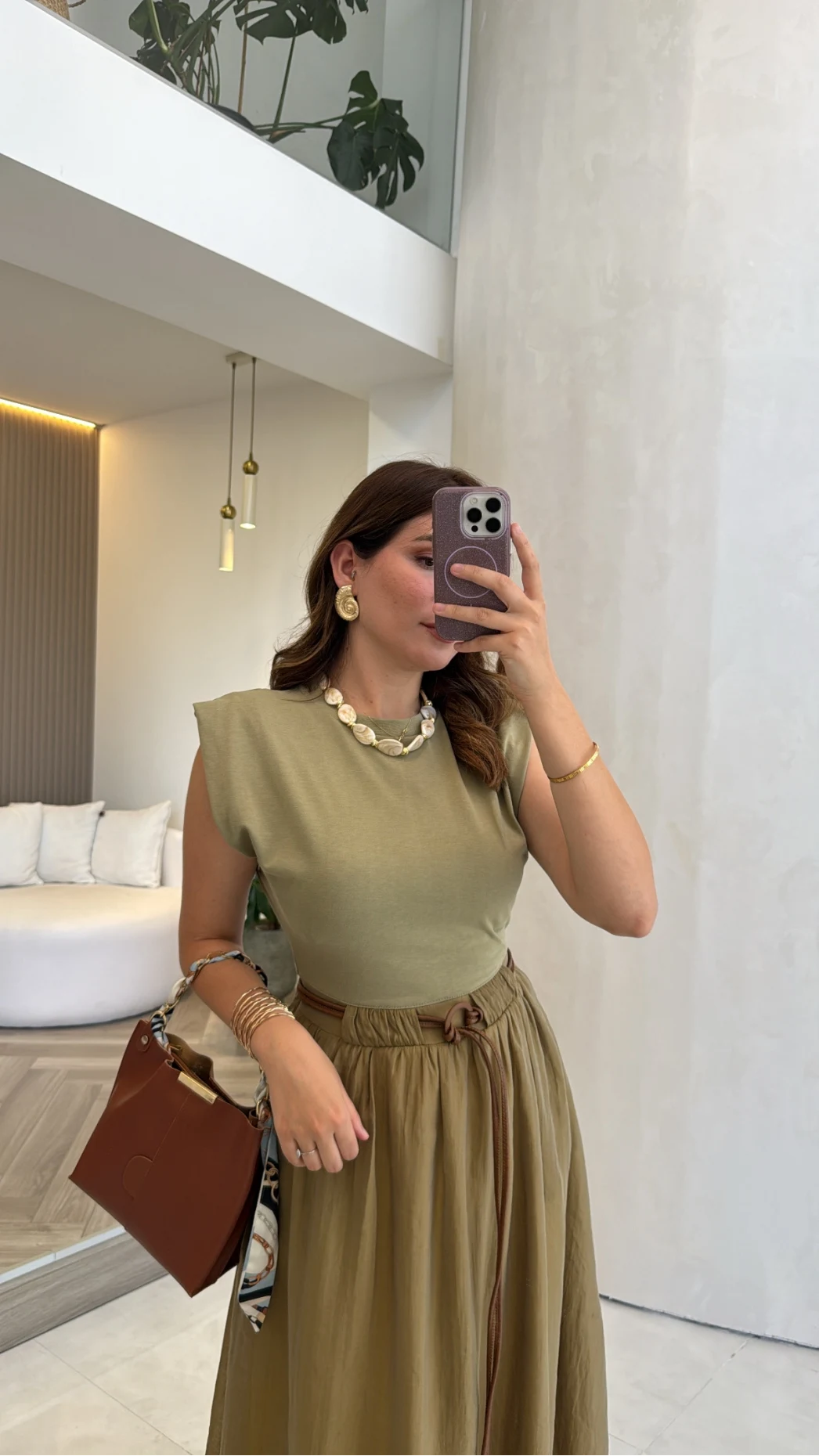 Nila Kemerli Garnili Elbise - Olive - Kod: 0103