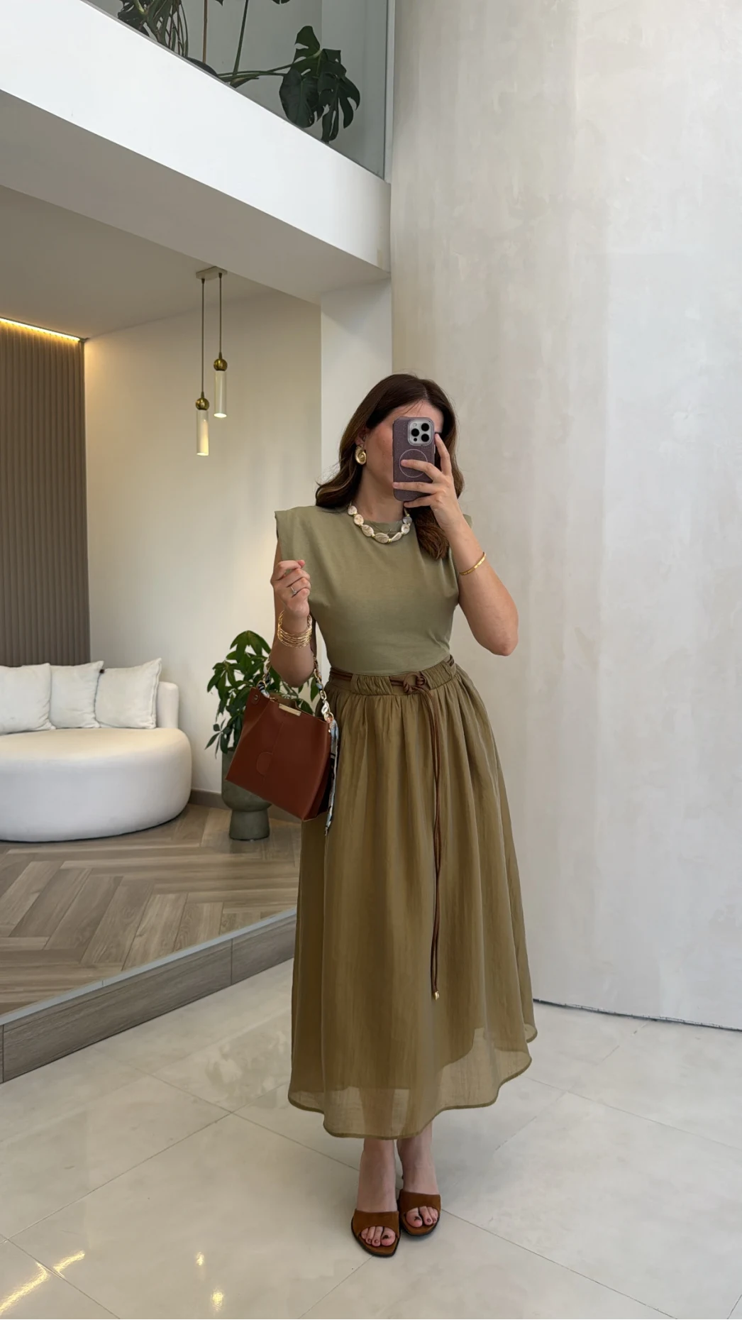 Nila Kemerli Garnili Elbise - Olive - Kod: 0103