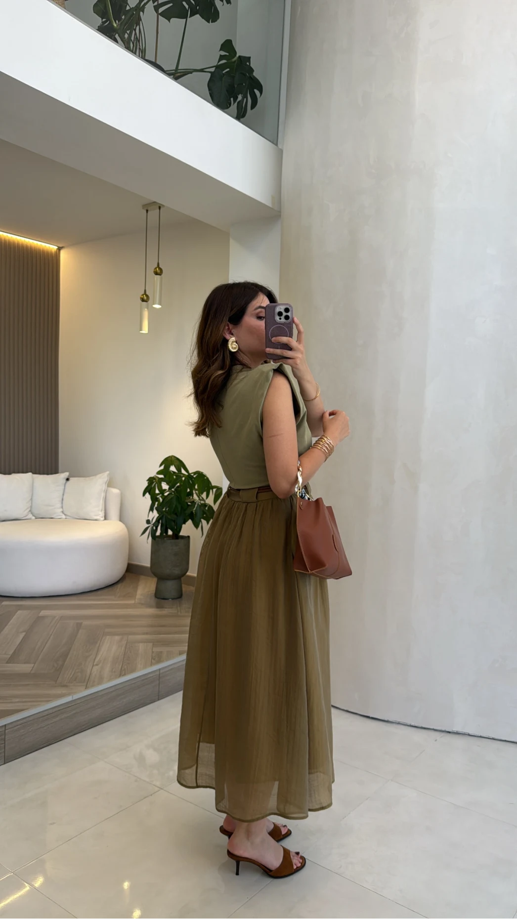 Nila Kemerli Garnili Elbise - Olive - Kod: 0103
