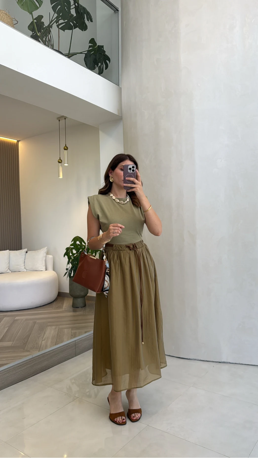 Nila Kemerli Garnili Elbise - Olive - Kod: 0103