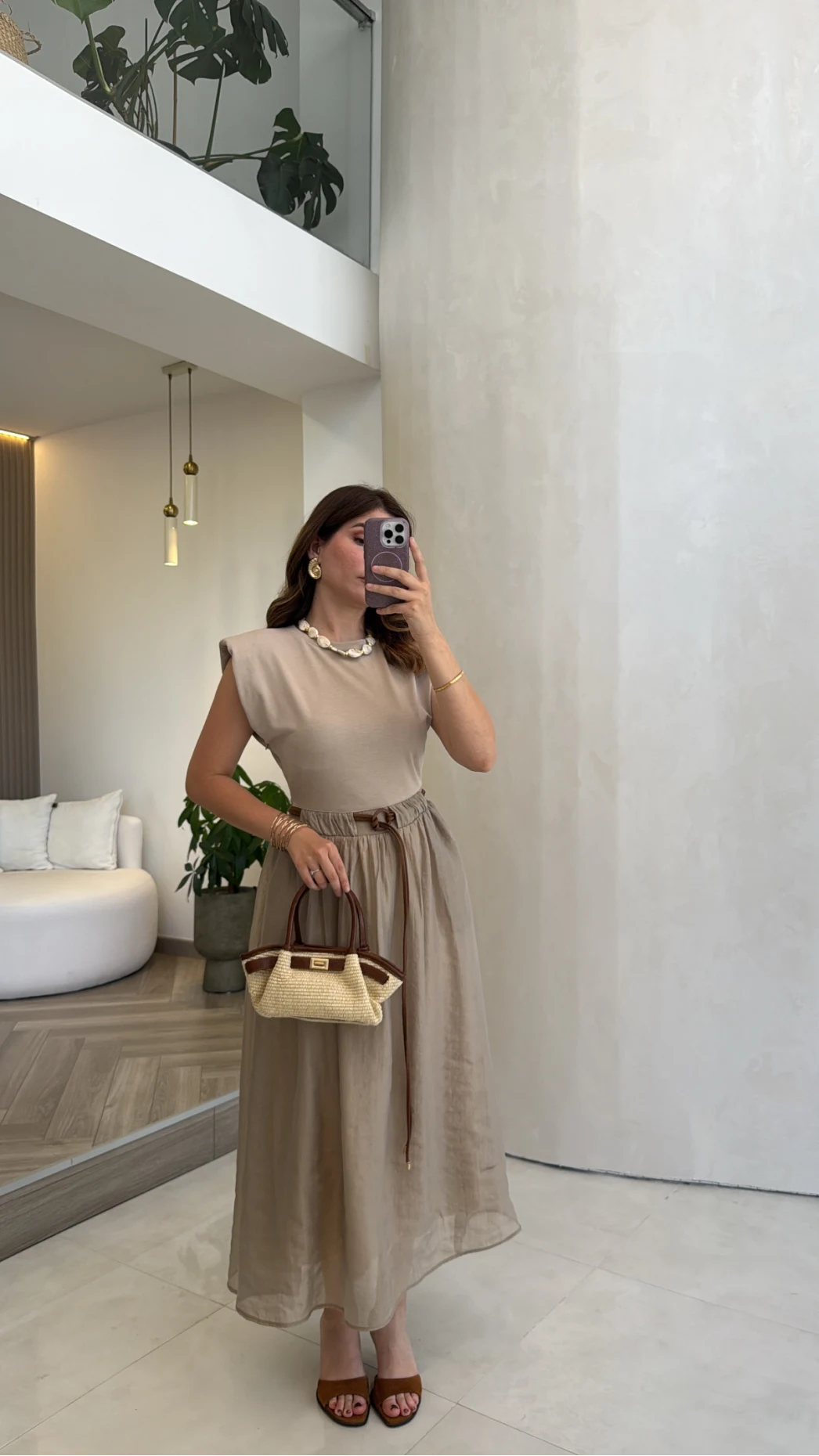 Nila Kemerli Garnili Elbise - Vizon - Kod: 0103