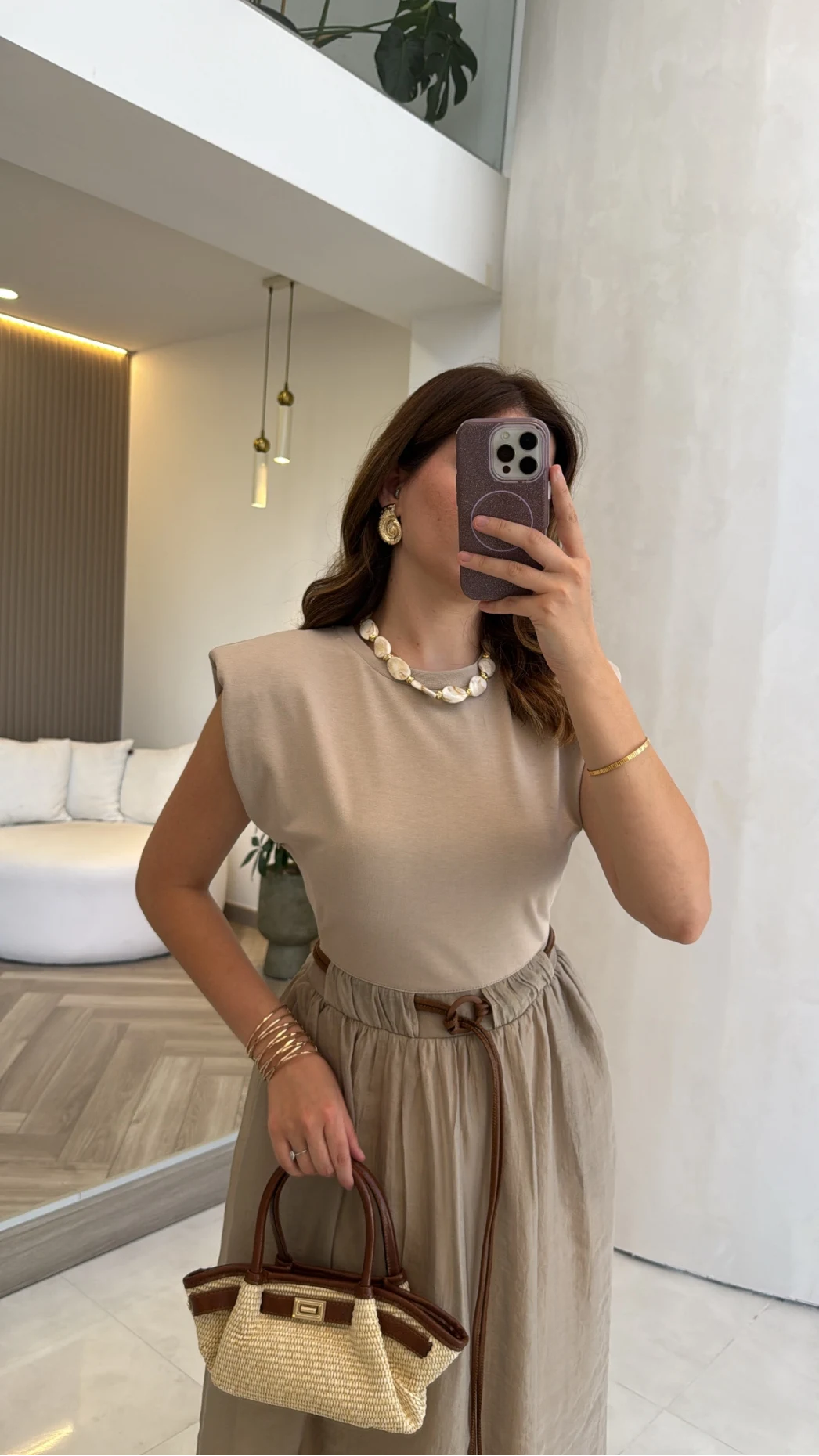 Nila Kemerli Garnili Elbise - Vizon - Kod: 0103