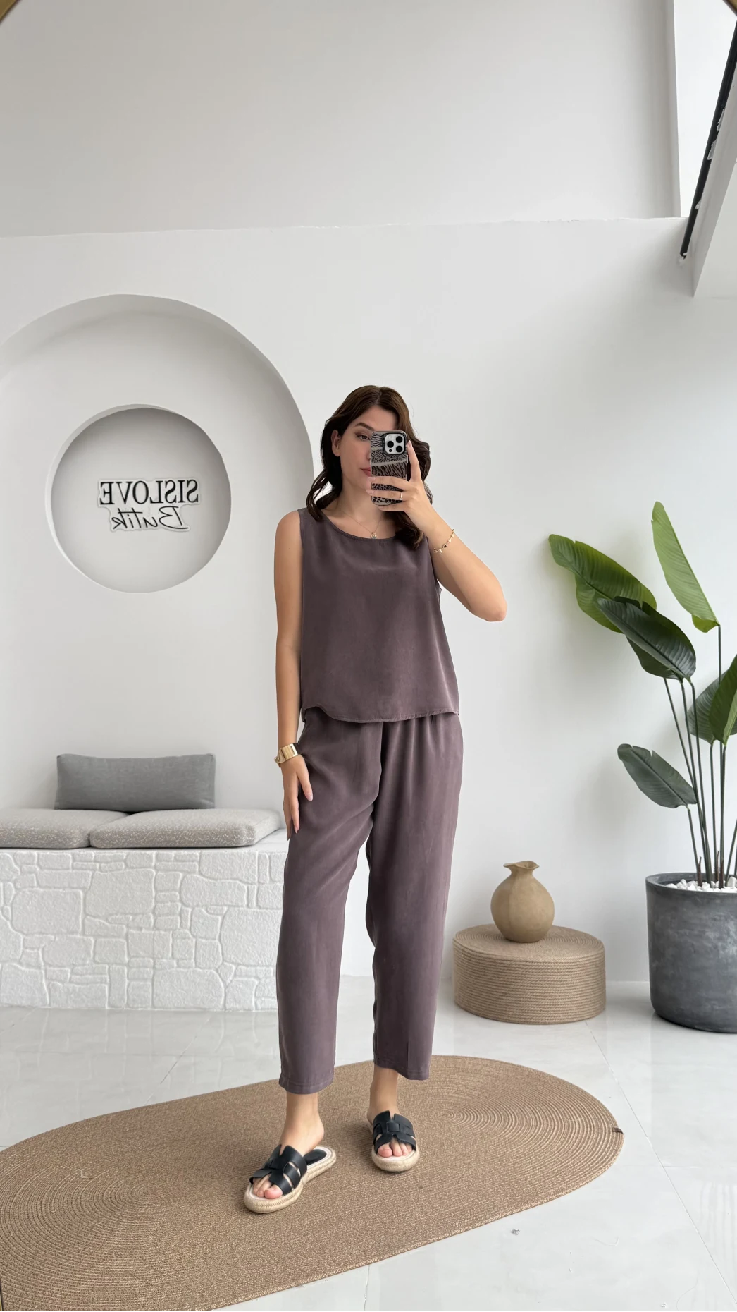 Nova Kalın Askılı Bluz Pantolon Takım - Kahve