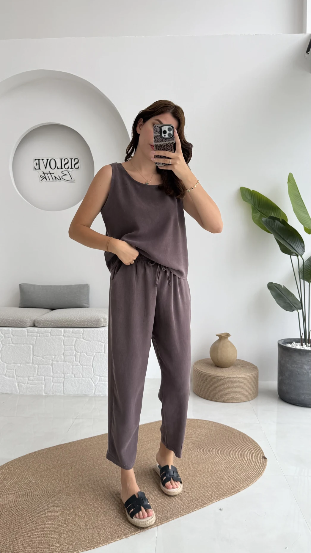 Nova Kalın Askılı Bluz Pantolon Takım - Kahve