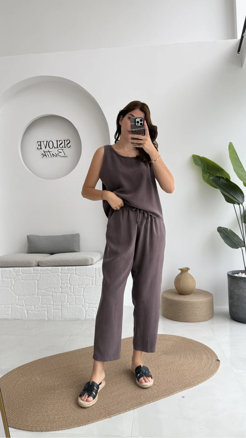 Nova Kalın Askılı Bluz Pantolon Takım - Kahve