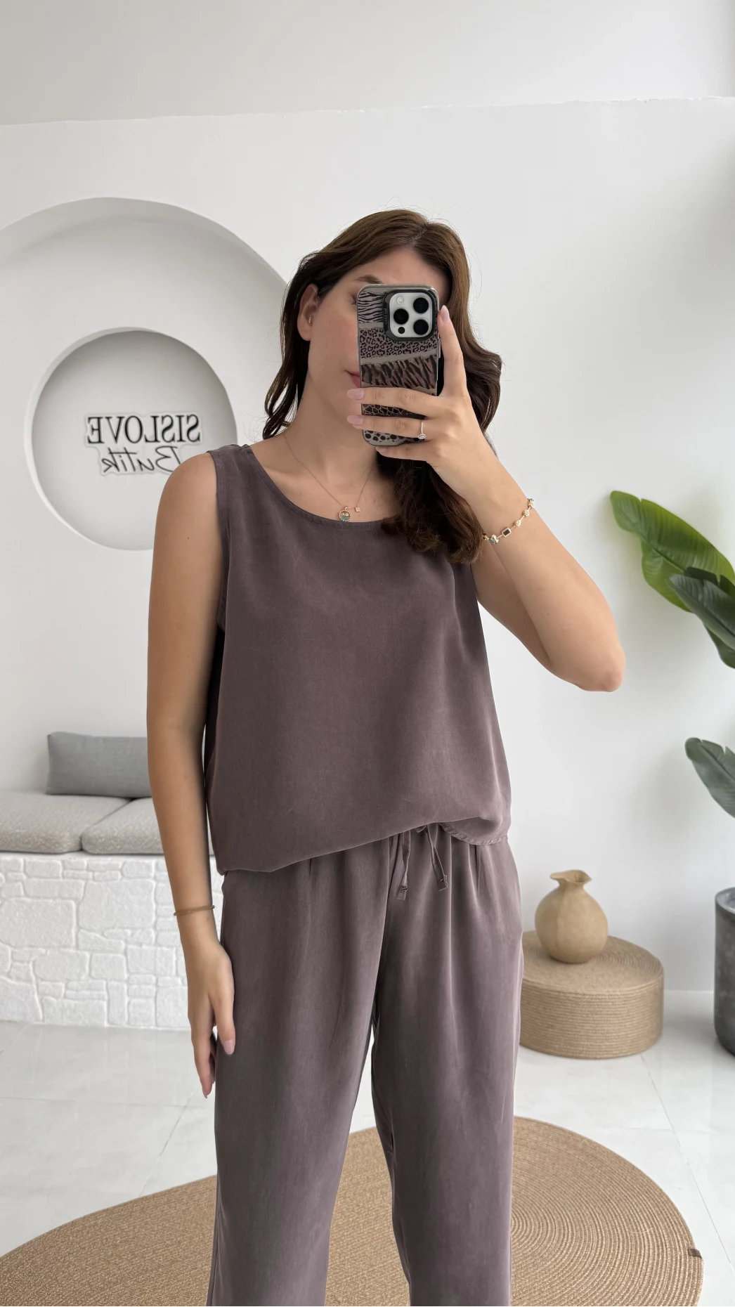 Nova Kalın Askılı Bluz Pantolon Takım - Kahve