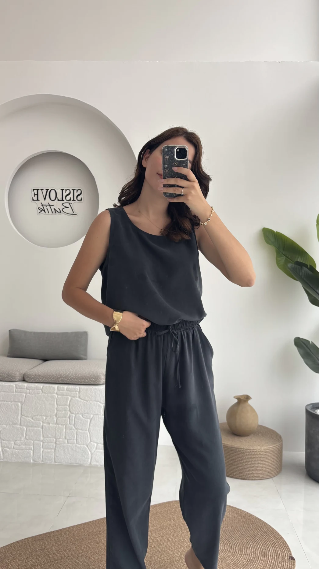 Nova Kalın Askılı Bluz Pantolon Takım - Koyu Antrasit