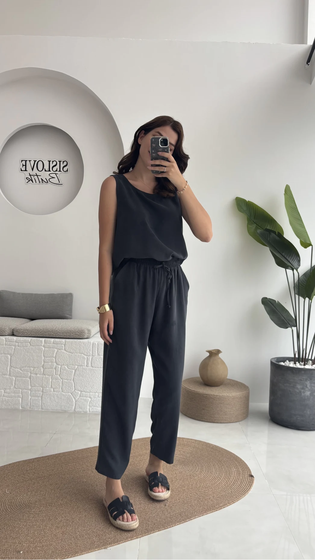 Nova Kalın Askılı Bluz Pantolon Takım - Koyu Antrasit