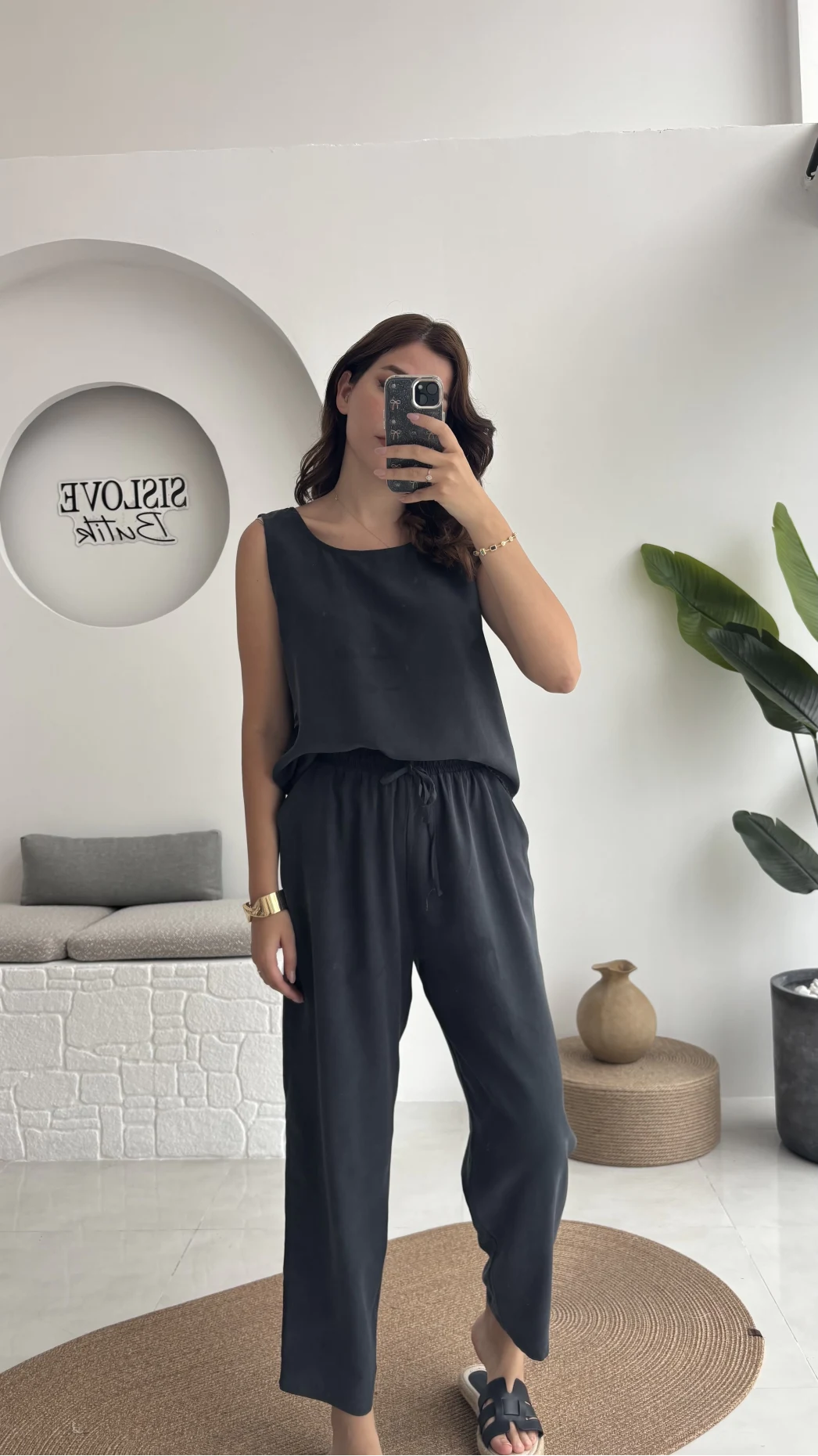 Nova Kalın Askılı Bluz Pantolon Takım - Koyu Antrasit