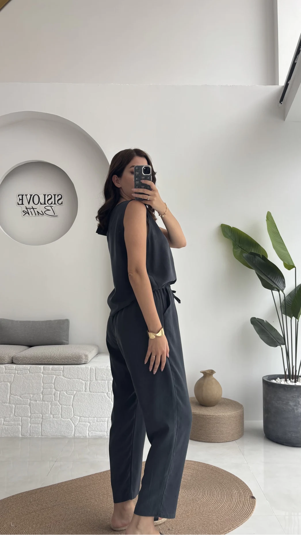 Nova Kalın Askılı Bluz Pantolon Takım - Koyu Antrasit