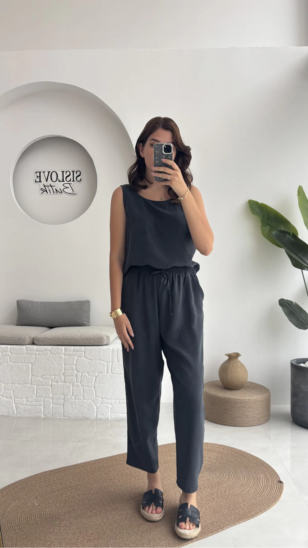 Nova Kalın Askılı Bluz Pantolon Takım - Koyu Antrasit