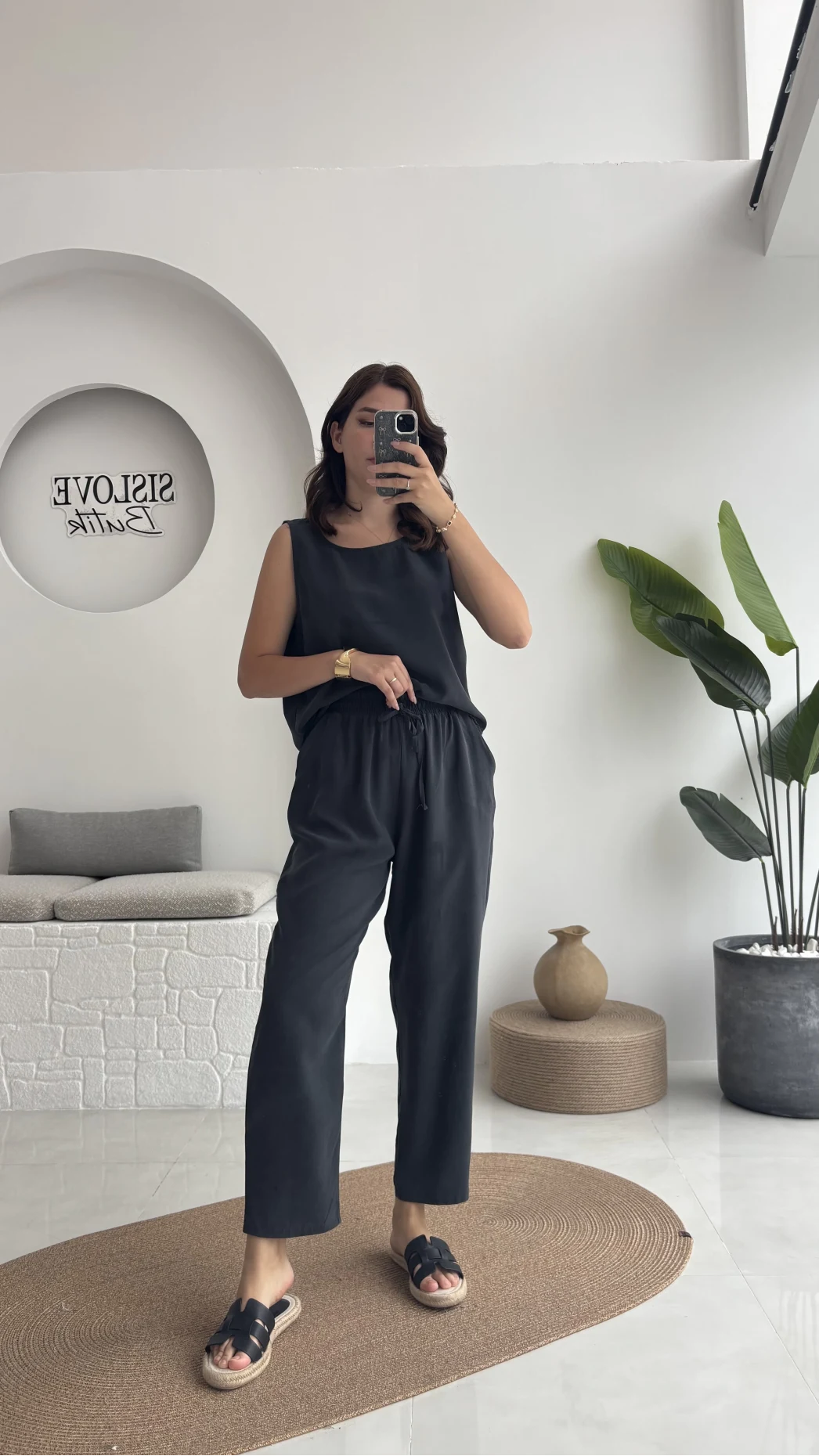 Nova Kalın Askılı Bluz Pantolon Takım - Koyu Antrasit