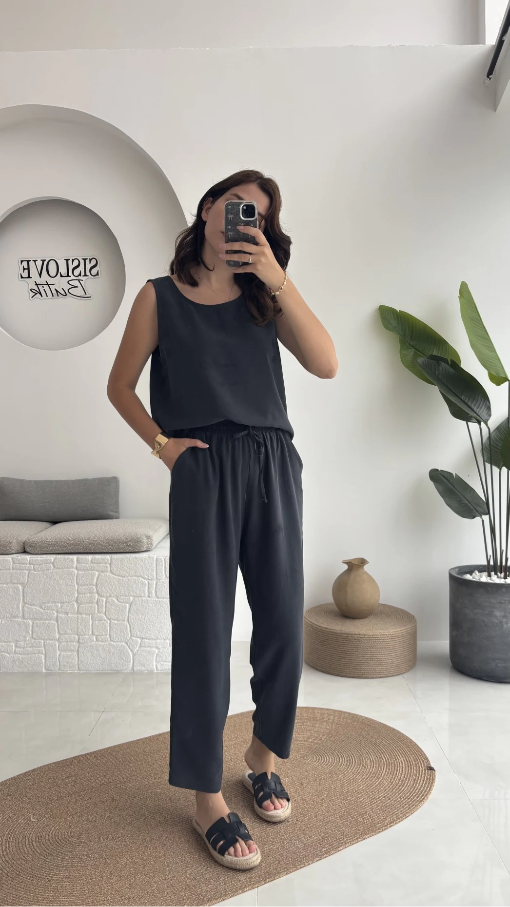 Nova Kalın Askılı Bluz Pantolon Takım - Koyu Antrasit