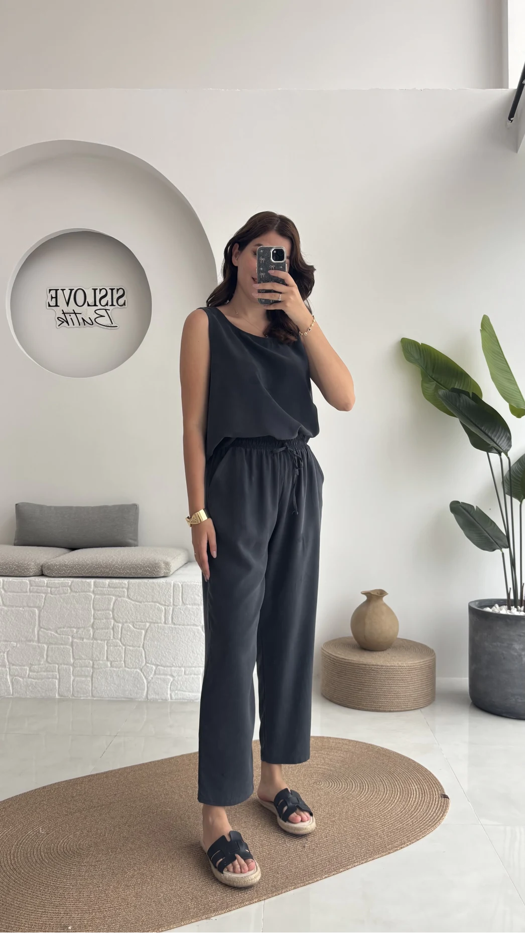 Nova Kalın Askılı Bluz Pantolon Takım - Koyu Antrasit